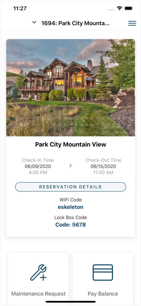 Happy Stays guest app showing reservation dates, Wi-Fi and lock box codes, and maintenance and payment buttons